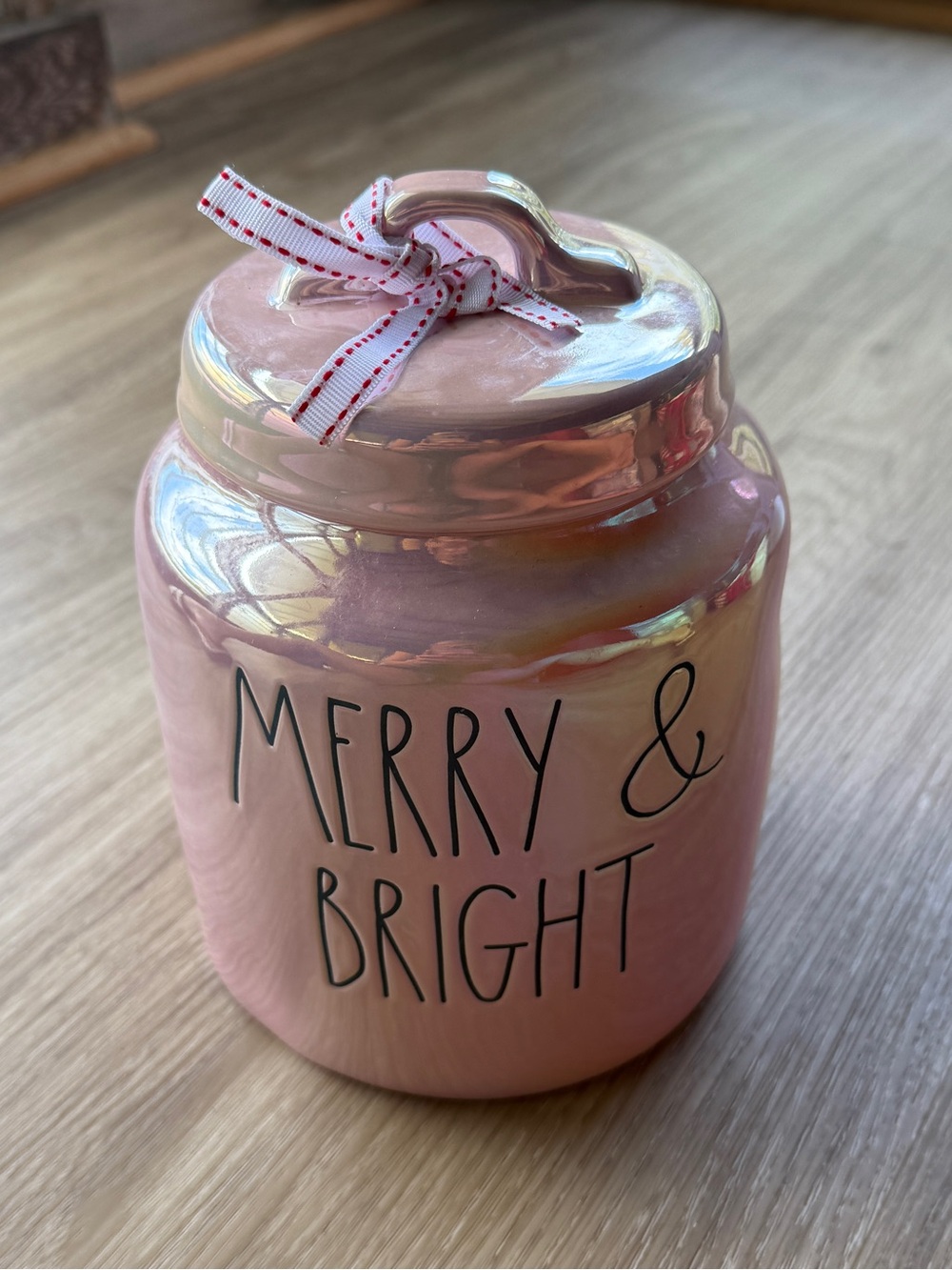Rae Dunn Iridescent Pink Merry & Bright Ceramic Canister Jar